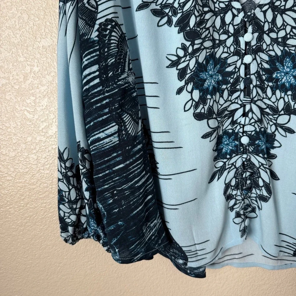 Free People Top XS Blue Birds of a Feather Floral Balloon Sleeve Boho Oversized